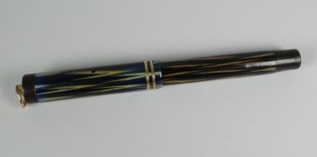 VINTAGE BLUE, BROWN & WHITE STRIPED PARKER LADY DUOFOLD LUCKY CURVE FOUNTAIN PEN with yellow metal