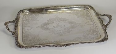 A VERY GOOD SILVER TWIN-HANDLED TRAY with gadrooned and acanthus rim and handles, foliate engraved