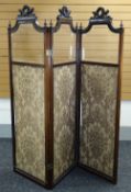 A THREE SECTION VICTORIAN SCREEN shaped and bevelled glass upper section and with floral silk-work