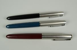 THREE VINTAGE PARKER 51 FOUNTAIN PENS including 1 x black, 1 blue teal, 1 x burgundy with engraved