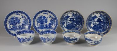 A PAIR OF 1ST PERIOD WORCESTER TEA-BOWLS & SAUCERS together with a pair of similar with gilt rims