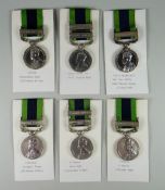 A GROUP OF SIX GEORGE V INDIA GENERAL SERVICE MEDALS having various clasps to include Abor 1911-
