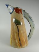 JILL FANSHAWE KATO stoneware conical jug with light blue dimpled handle and with colourful