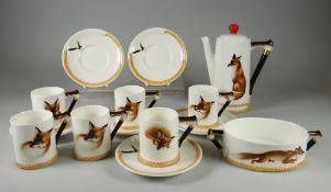 A RARELY SEEN ROYAL DOULTON 'REYNARD THE FOX' COFFEE-SET comprising coffee pot, six demitasse &