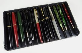 TRAY OF NINE ASSORTED VINTAGE CONWAY STEWART FOUNTAIN PENS & THREE MARBLED CONWAY STEWART PROPELLING