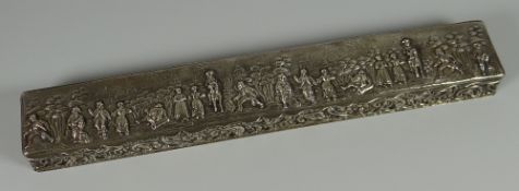 A GOOD CHESTER SILVER FAN-BOX the hinging lid having an extensive village scene with numerous