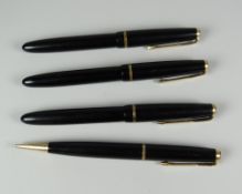 THREE BLACK VINTAGE PARKER SLIMFOLD FOUNTAIN PENS together with one black Parker Slimfold pencil