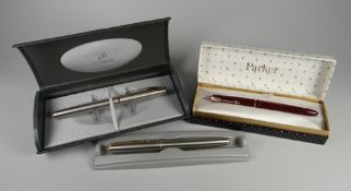 THREE PARKERS comprising modern Parker Frontier fountain pen, stainless steel with gold plated