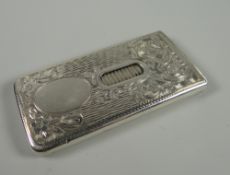 A SILVER CALLING CARD CASE WITH PATENTED SLIDE MOVEMENT engraved with bark and foliate decoration,