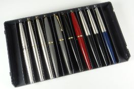 TEN VINTAGE PARKER 45 FOUNTAIN PENS including 1 x Harlequin grey circlet, 2 x Flighter in brushed