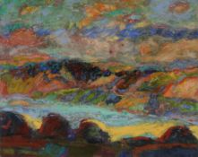 TRACY THOMPSON oil on board - colourful and dramatic view of Teifi Estuary, signed verso, 20 x