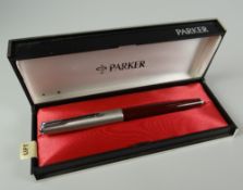 VINTAGE MAROON PARKER 65 CLASSIC FOUNTAIN PEN with chalk marks & in original hard case with