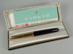 VINTAGE BLACK PARKER 51 FOUNTAIN PEN with rolled gold cap in original marked box with instructions
