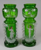 A PAIR OF MARY GREGORY TYPE VASES, 27cms high