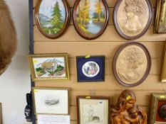 Three relief wall plaques and a quantity of framed pictures and prints