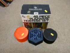 Boxed forty eight piece hostess set and three satin jewellery boxes