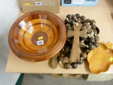 Collection of treen including a giant rosary and a vintage belt with 'Boy Scouts' buckle