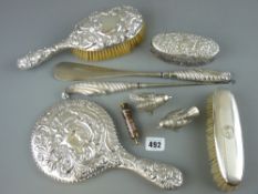 Hallmarked and white metal dressing table items, an Acme boy scout's whistle and a pair of