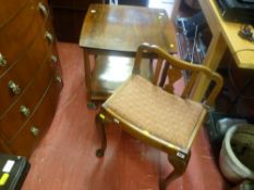 Vintage oak dressing stool, walnut two tier trolley and a wheeled metal bed table with one other