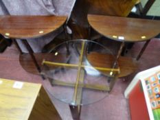 Pair of polished wood half moon occasional tables and a glass topped circular table