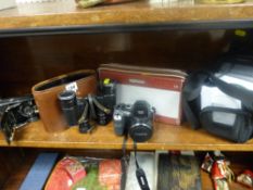 Vintage cased set of binoculars, Fuji digital camera, vintage Roberts radio and a box camera