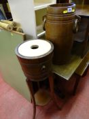 Planter stand with barrel shaped planter and a wooden stickstand