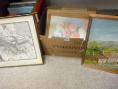 Box of paintings, prints, maps etc