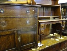 Small polished wood chest of two drawers with a base cupboard and a small sewing table with end