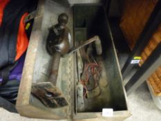 Vintage hand drill and metal toolbox with other contents