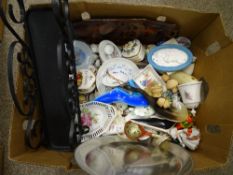 Box of ornamental china, metal rack, small quantity of treen ware etc