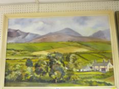 I WILLIAMS oil on board - copse of trees with farmhouse before a rolling landscape