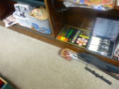 Parcel of umbrellas, sticks and shooting sticks, a cased knife and fork fish set and a fruit machine