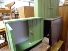 Pair of green wall hanging cupboards, small green footstool and dark wood effect gate leg table