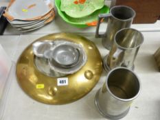 Pewter tankards, brass mirror etc