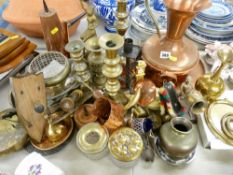 Quantity of brass and copperware including candlesticks, beaten jug etc