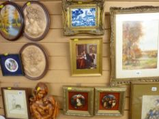 Gilt framed blue and white Ironstone porcelain plaque, a print after an Old Master and two gilt