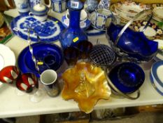 Parcel of Bristol blue glassware, carnival glass bowl etc