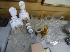 Parcel of mixed glassware, Continental whisky and gin bottles, knife rests etc