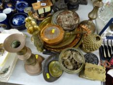 Parcel of ornamental brass and copperware and a carriage clock