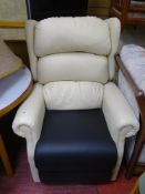 Cream and black faux leather electric rise and recline armchair E/T