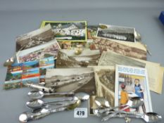 Small selection of vintage postcards, an Acme scout whistle, quantity of apostle teaspoons etc