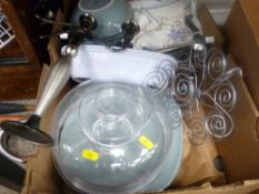 Box of kitchenware, modern candelabra, corner plate holders, salt cellars etc