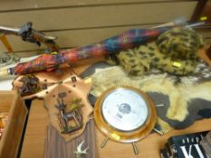 Wall barometer, animal skin, soft toy, walking stick, ornamental pistol set etc