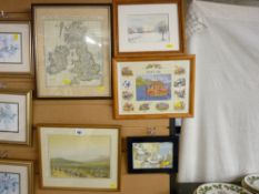 A E NIBLOCK pair of framed watercolour studies titled 'Dartmoor', a vintage style map and three
