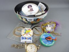 Pottery fruit bowl and collectable contents including a vintage style pocket watch