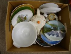 Box of kitchenware, wall hanging plates etc