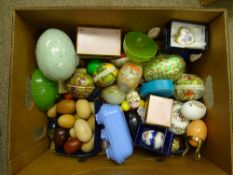 Box of mainly decorative eggs including Faberge style, papier mache, treen etc