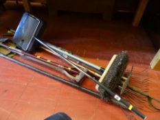 Parcel of garden tools and a Ewbank etc