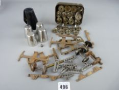 Miniature silver thimble, four stainless steel drinking vessels in a hide pouch and a quantity of