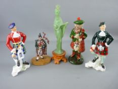Four Scottish Highland figurines and a jade effect model of a woman on stand, various makers